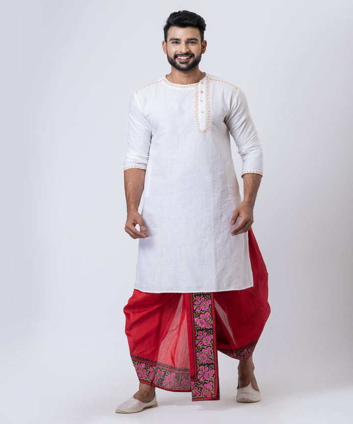 Red block printed dupion silk dhoti