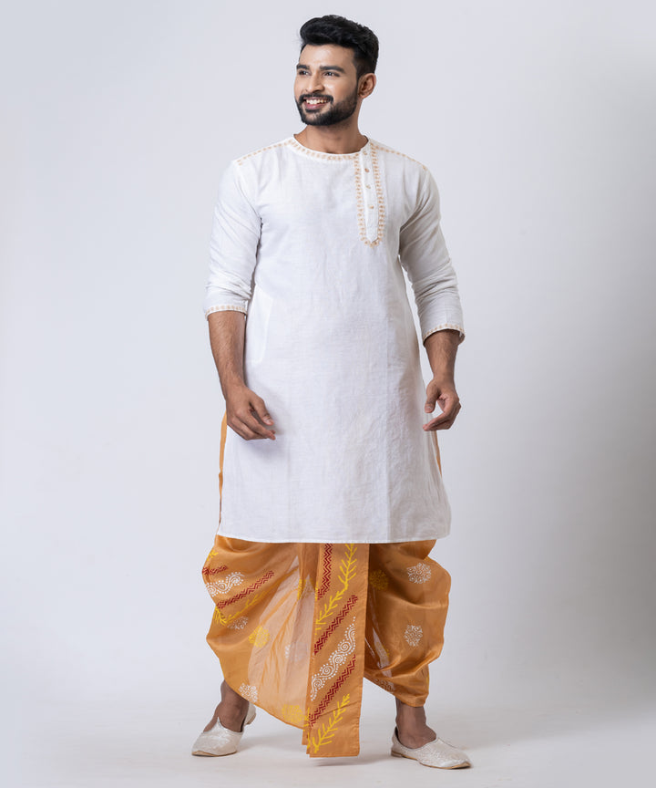 Mustard hand block print dupion silk dhoti