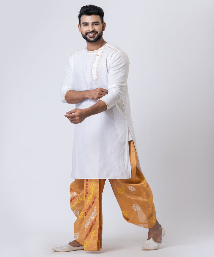 Mustard hand block print dupion silk dhoti