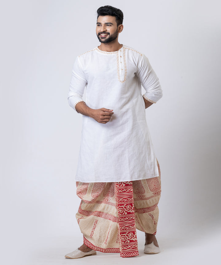 Beige red hand block print dupion silk dhoti