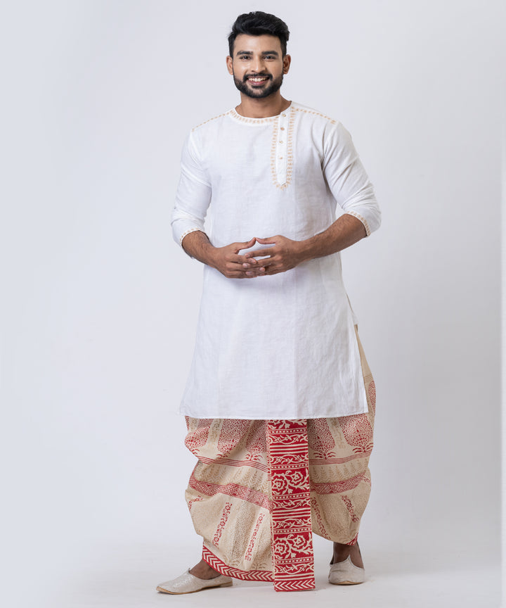 Beige red hand block print dupion silk dhoti