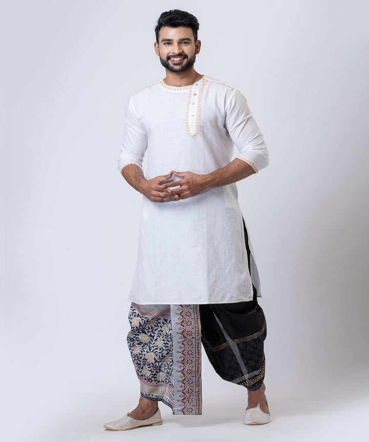 Grey black hand block printed dupion silk dhoti