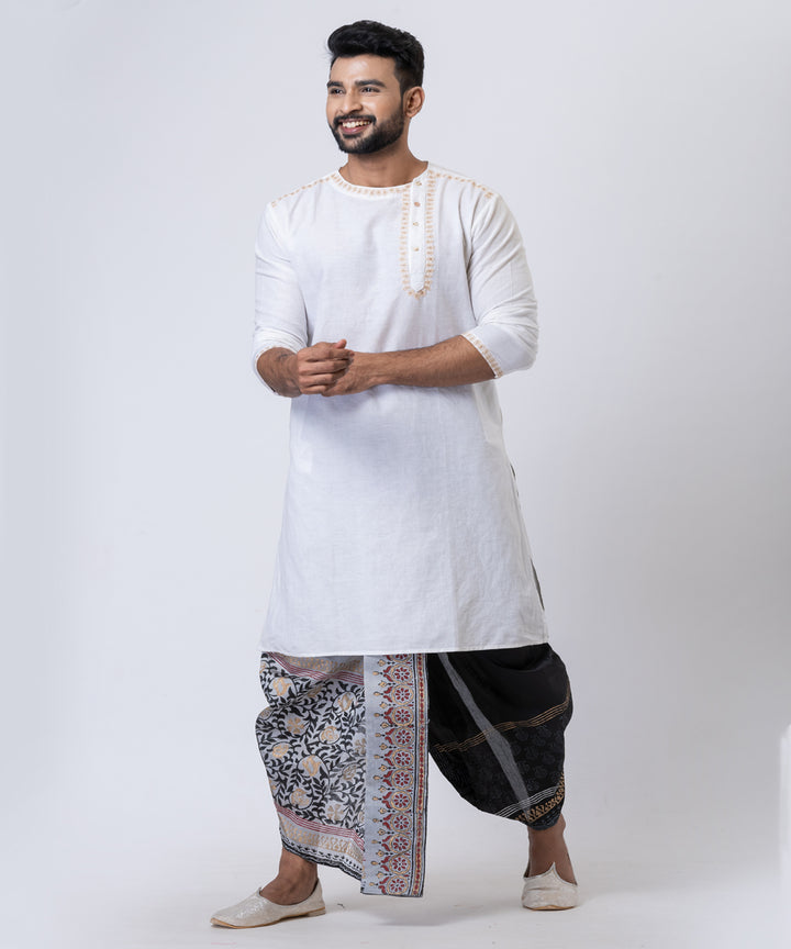 Grey black hand block printed dupion silk dhoti