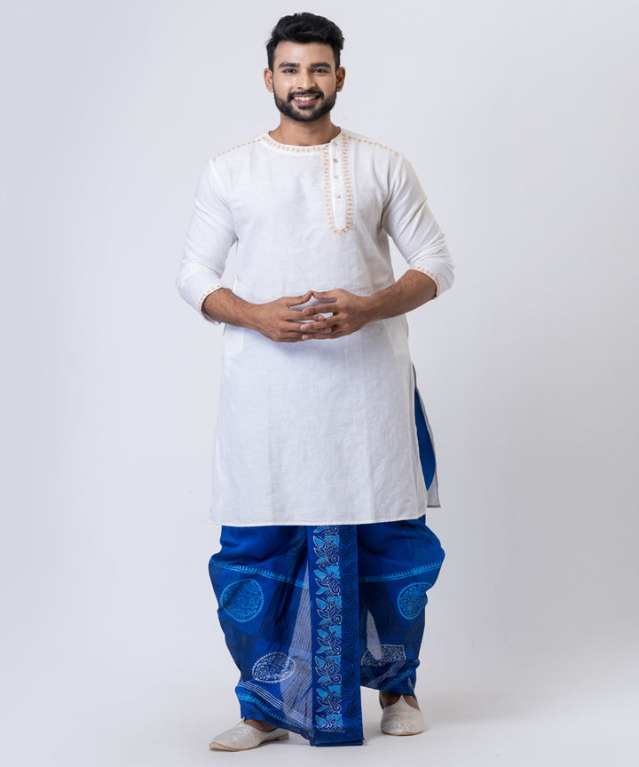 Cyan blue hand block printed dupion silk dhoti