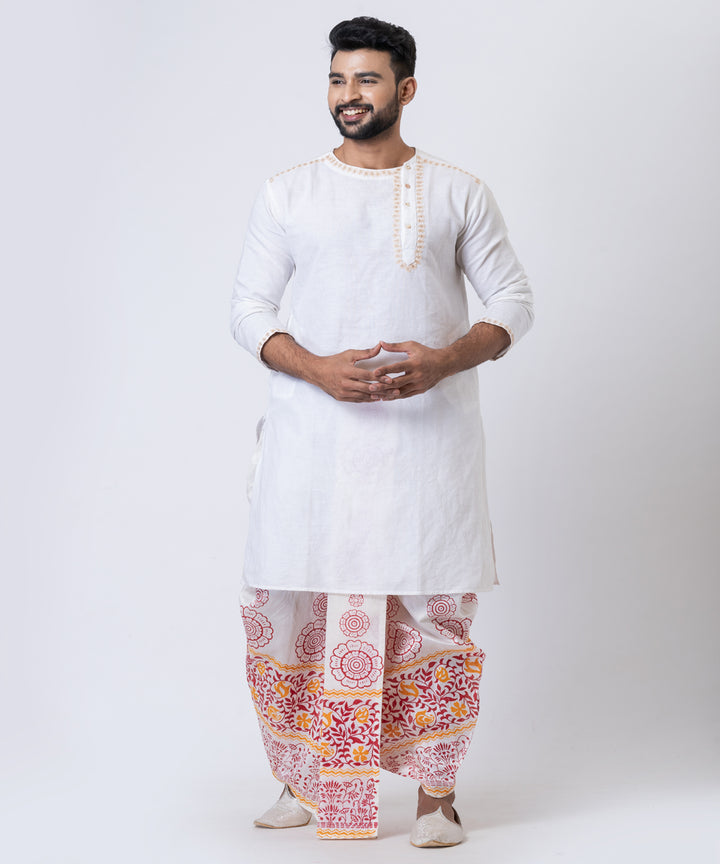 White multicolor hand block printed dupion silk dhoti