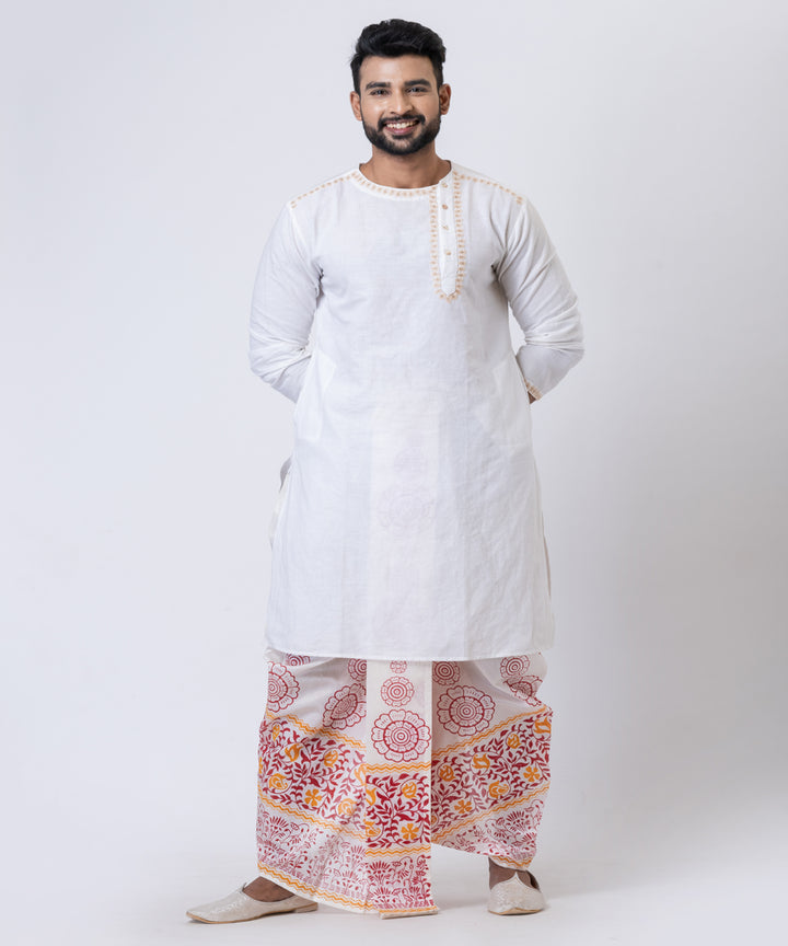 White multicolor hand block printed dupion silk dhoti