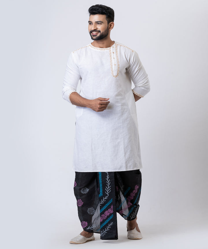 Black blue purple hand block printed dupion silk dhoti