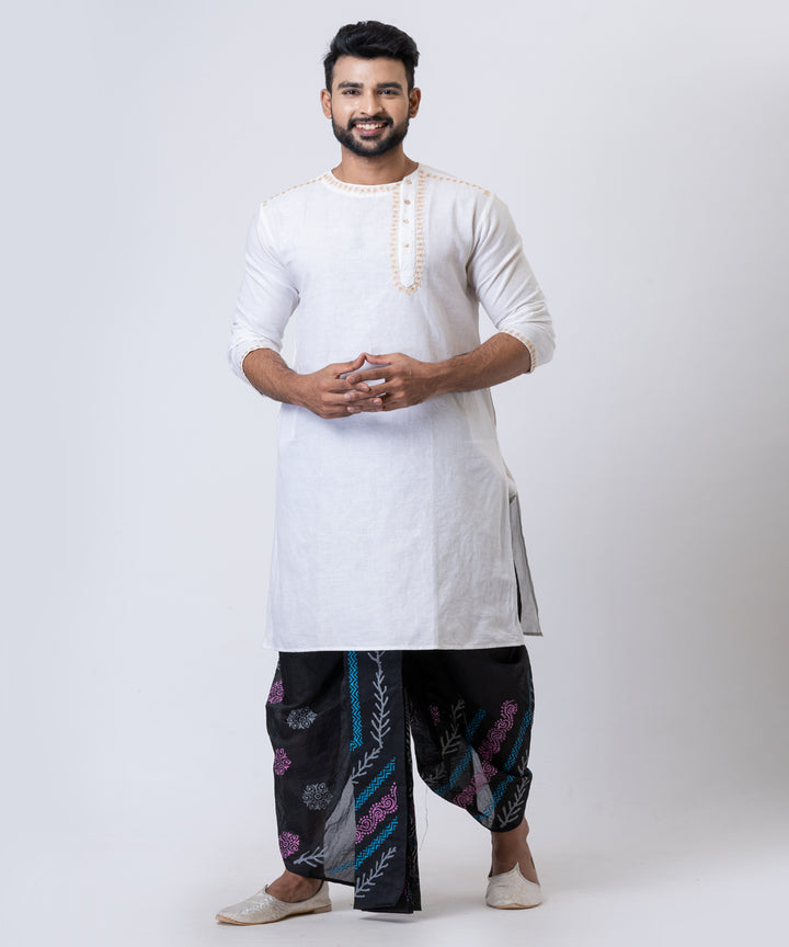 Black blue purple hand block printed dupion silk dhoti