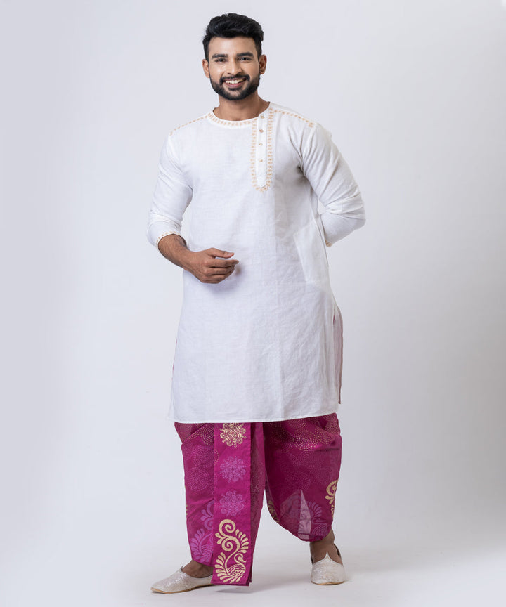 Purple beige hand block printed dupion silk dhoti