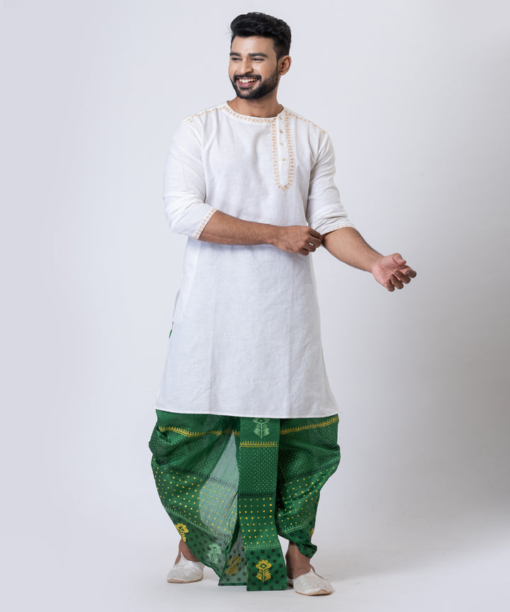Dark green hand block printed dupion silk dhoti