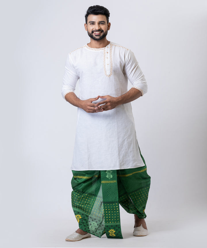 Dark green hand block printed dupion silk dhoti