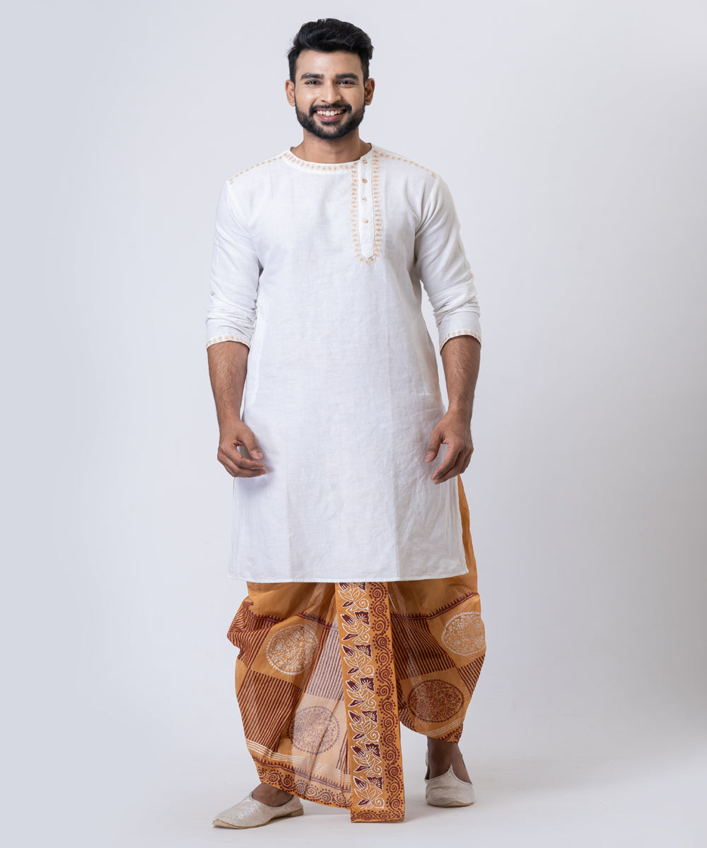 Mustard hand block printed dupion silk dhoti