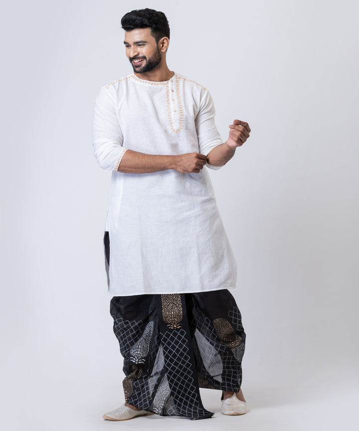 Black white beige hand block printed dupion silk dhoti