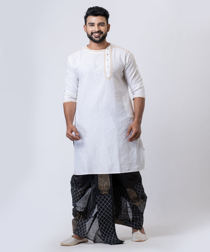Black white beige hand block printed dupion silk dhoti