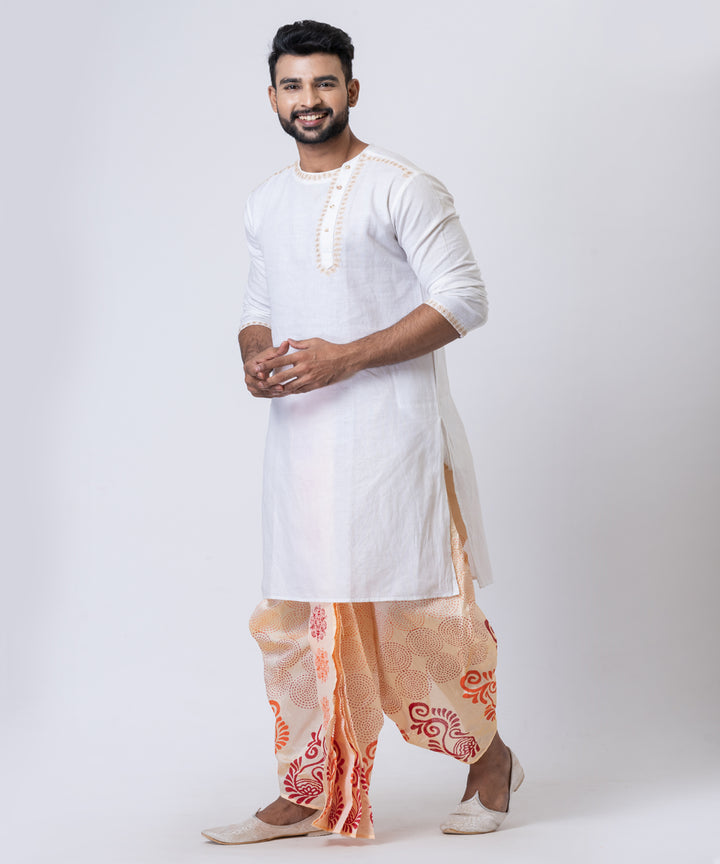 Beige red orange hand block printed dupion silk dhoti