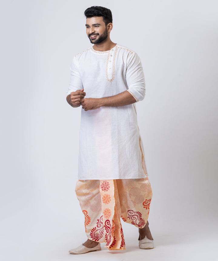 Beige red orange hand block printed dupion silk dhoti