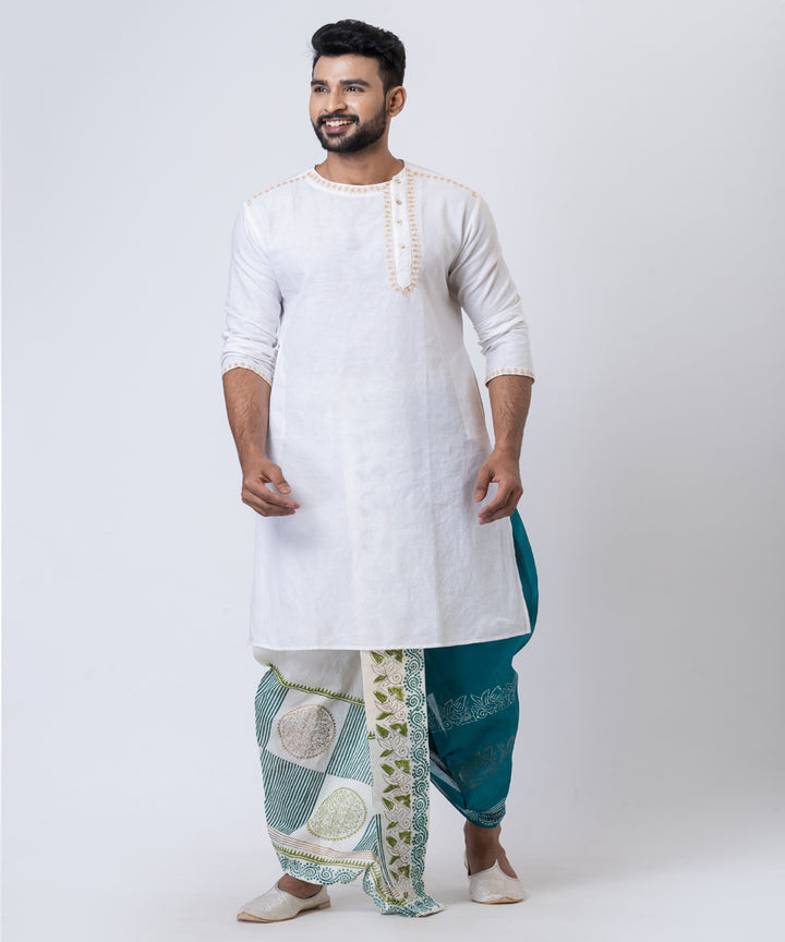 White teal green hand block printed dupion silk dhoti