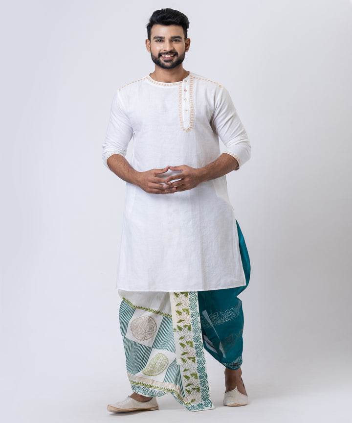 White teal green hand block printed dupion silk dhoti