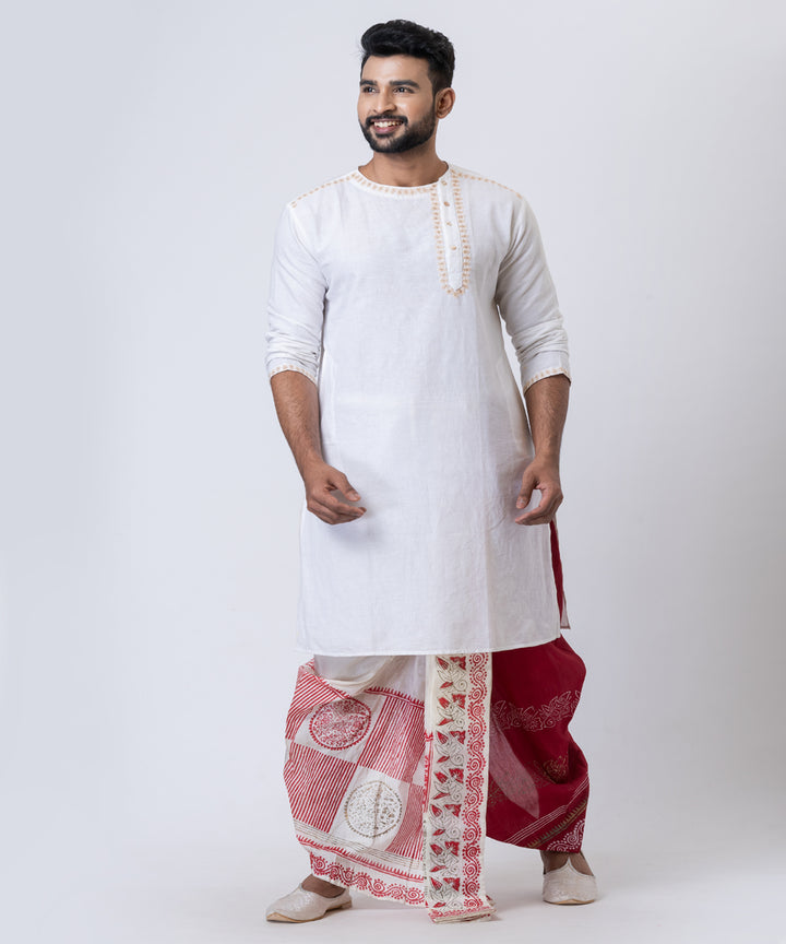 White maroon hand block printed dupion silk dhoti