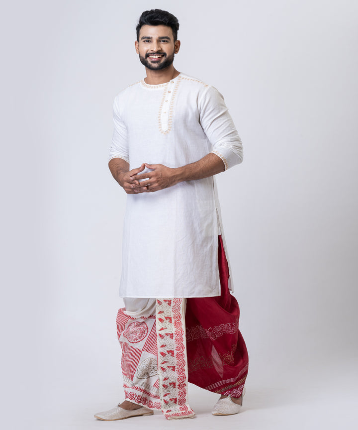 White maroon hand block printed dupion silk dhoti