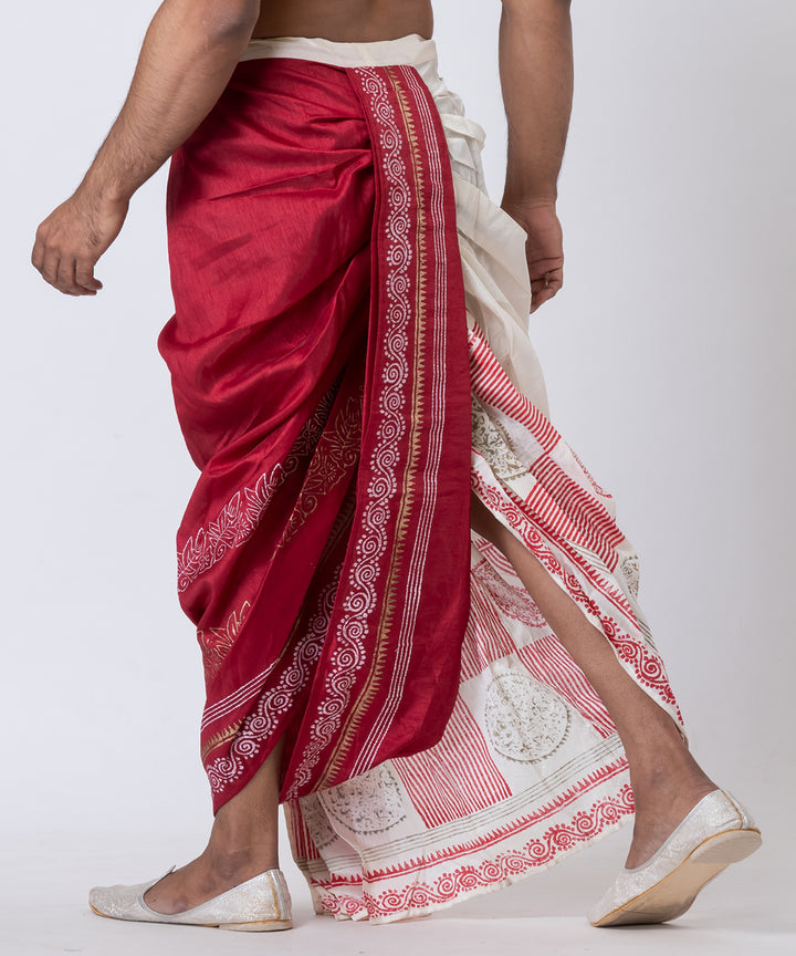 White maroon hand block printed dupion silk dhoti