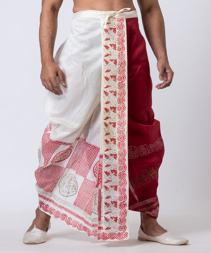 White maroon hand block printed dupion silk dhoti