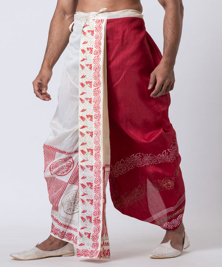 White maroon hand block printed dupion silk dhoti