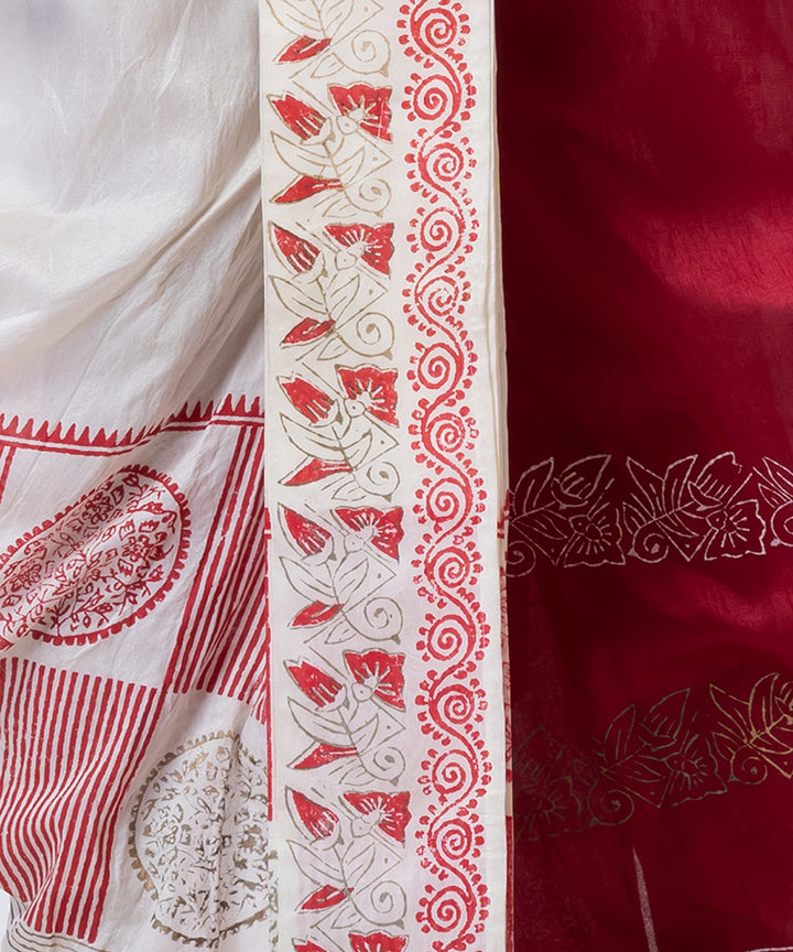 White maroon hand block printed dupion silk dhoti