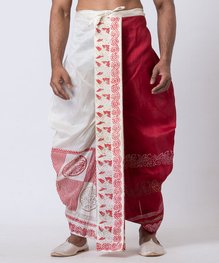 White maroon hand block printed dupion silk dhoti