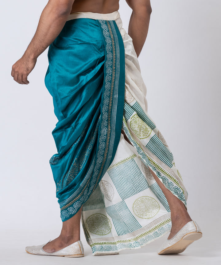 White teal green hand block printed dupion silk dhoti