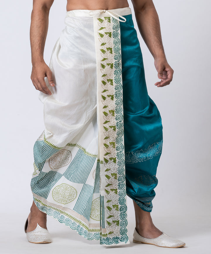 White teal green hand block printed dupion silk dhoti