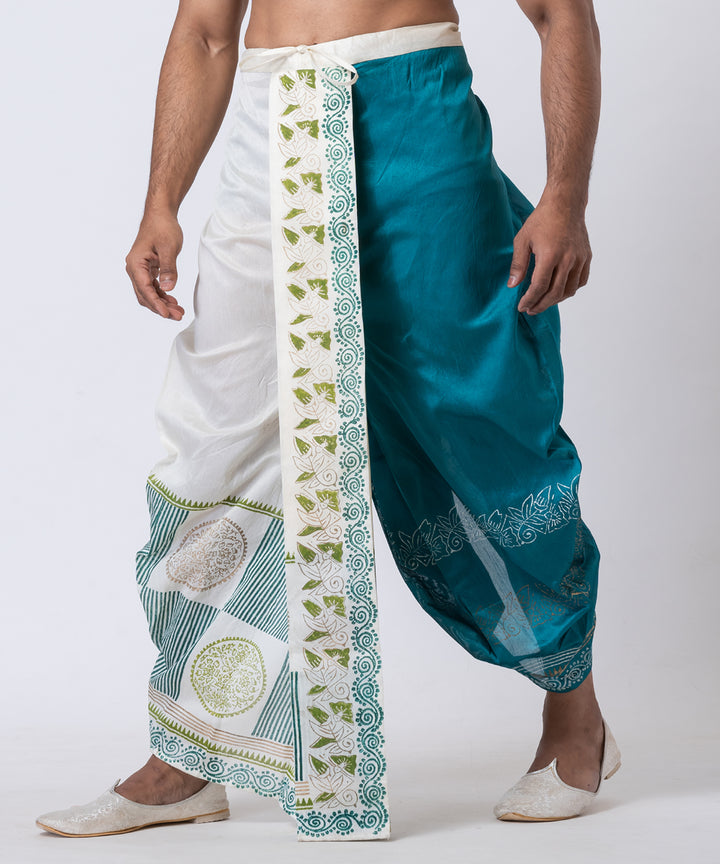 White teal green hand block printed dupion silk dhoti