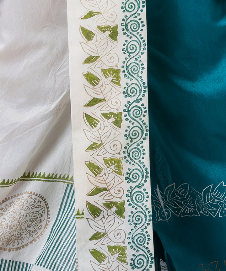 White teal green hand block printed dupion silk dhoti