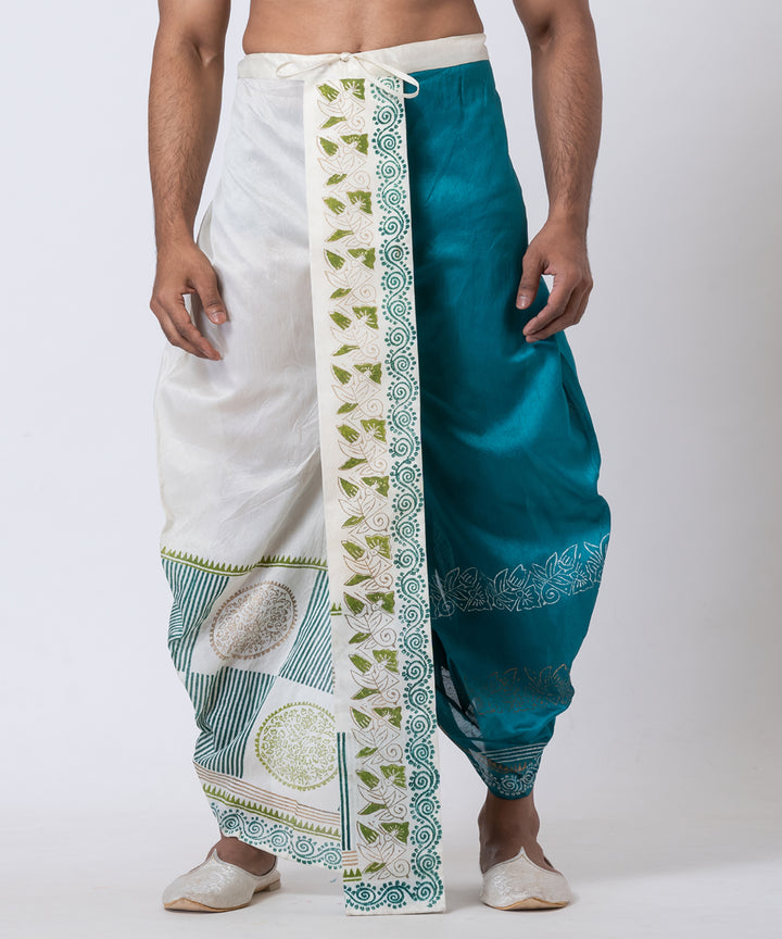 White teal green hand block printed dupion silk dhoti