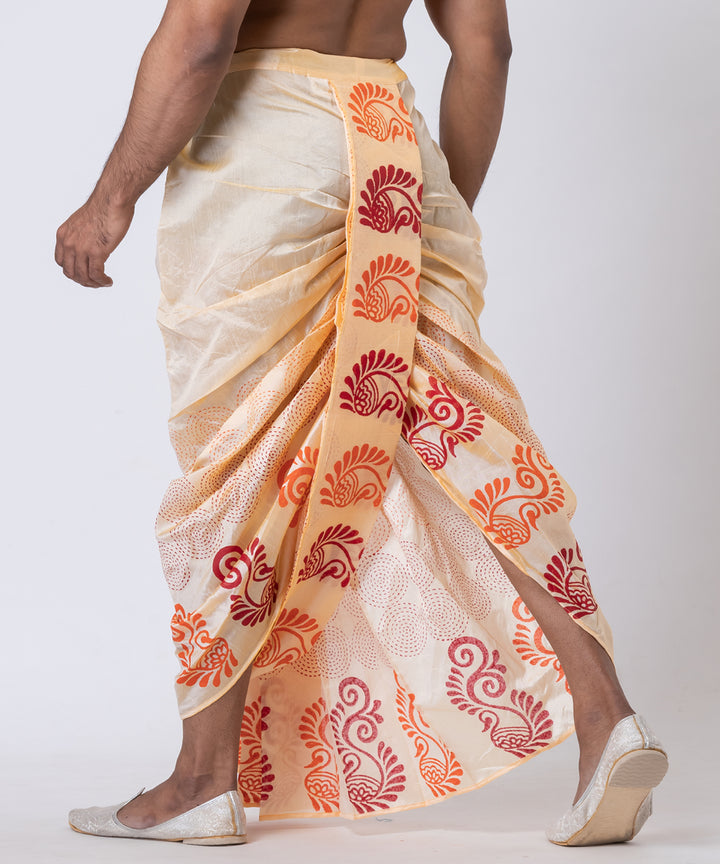 Beige red orange hand block printed dupion silk dhoti