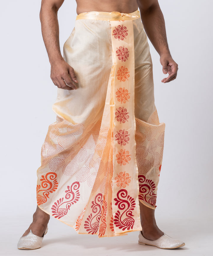 Beige red orange hand block printed dupion silk dhoti