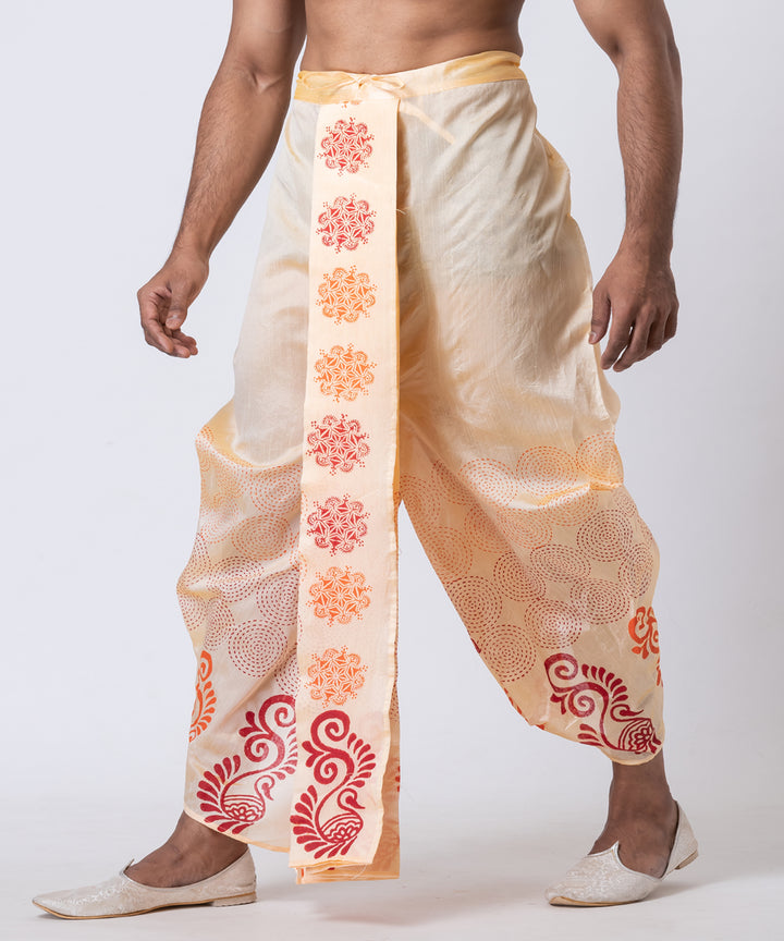 Beige red orange hand block printed dupion silk dhoti