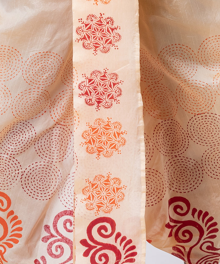 Beige red orange hand block printed dupion silk dhoti