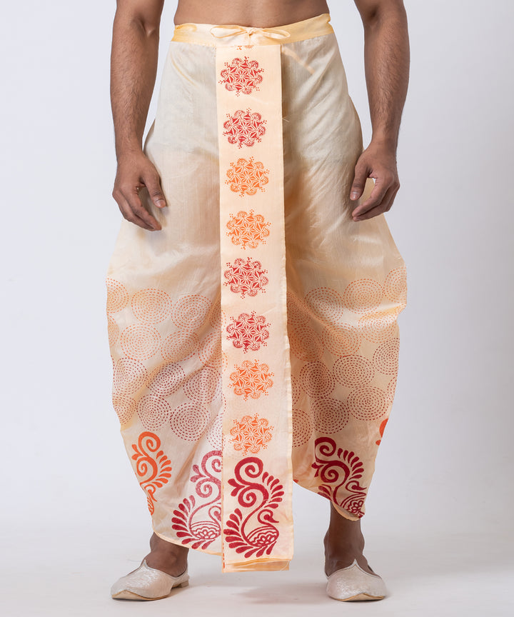 Beige red orange hand block printed dupion silk dhoti