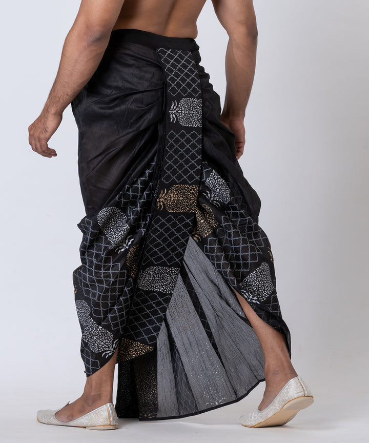 Black white beige hand block printed dupion silk dhoti
