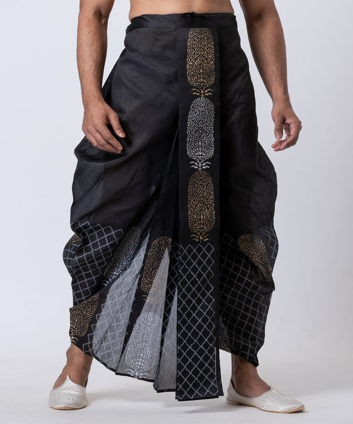 Black white beige hand block printed dupion silk dhoti