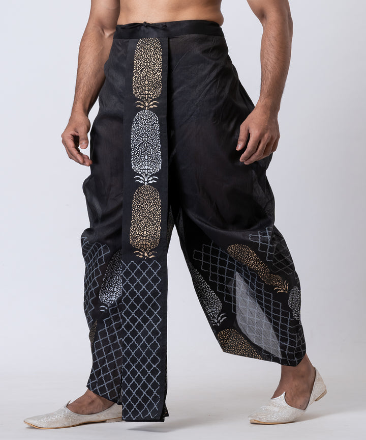 Black white beige hand block printed dupion silk dhoti