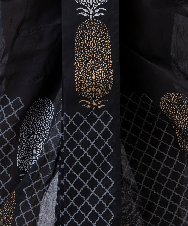 Black white beige hand block printed dupion silk dhoti