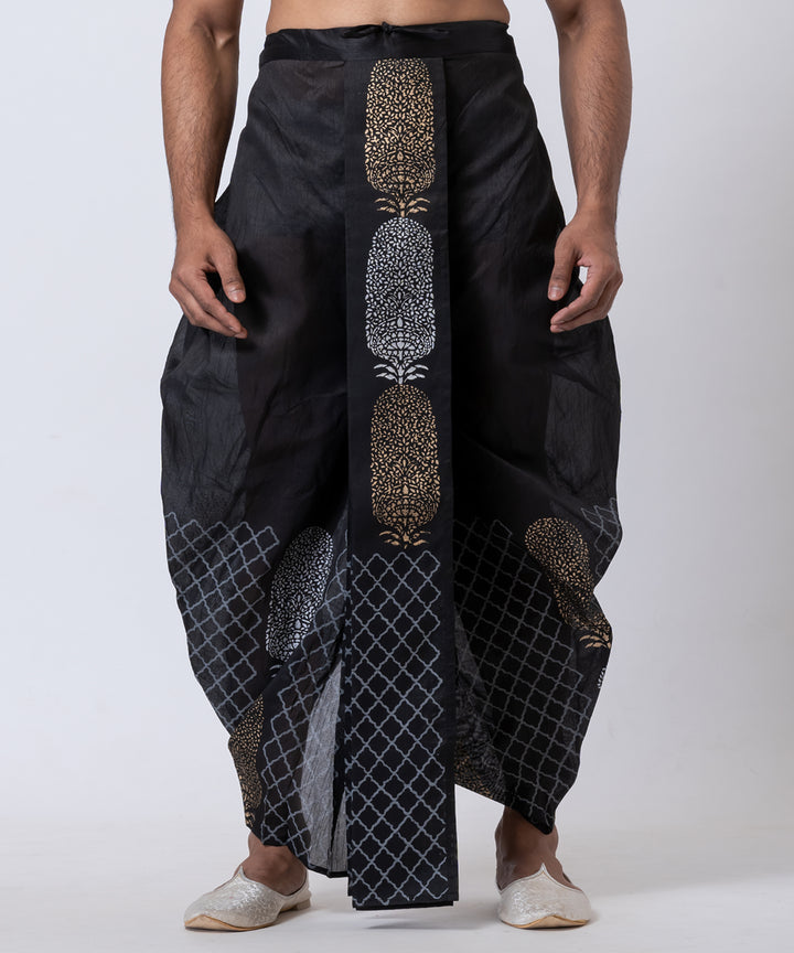 Black white beige hand block printed dupion silk dhoti