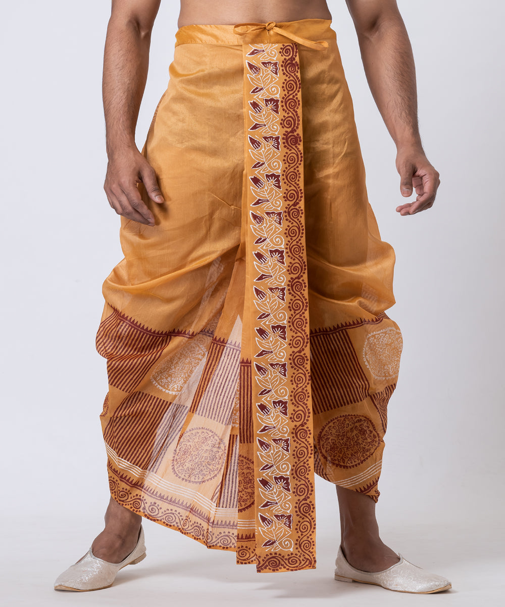 Mustard hand block printed dupion silk dhoti