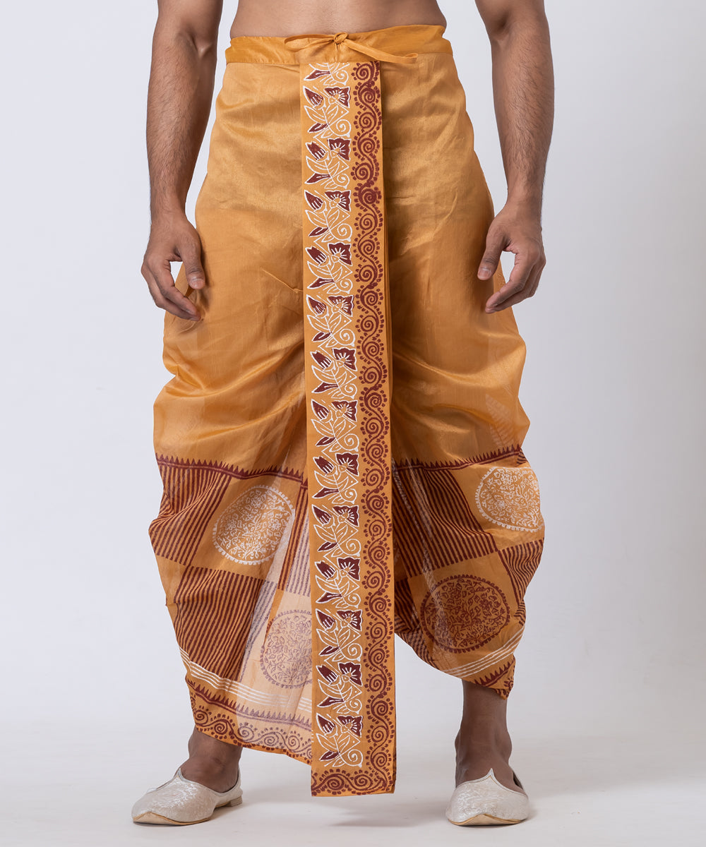 Mustard hand block printed dupion silk dhoti