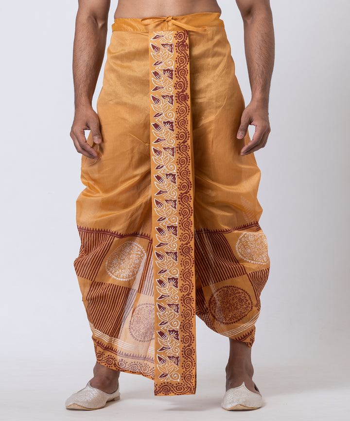Mustard hand block printed dupion silk dhoti