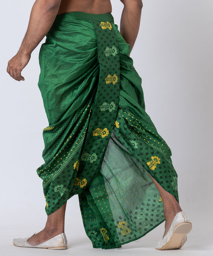 Dark green hand block printed dupion silk dhoti