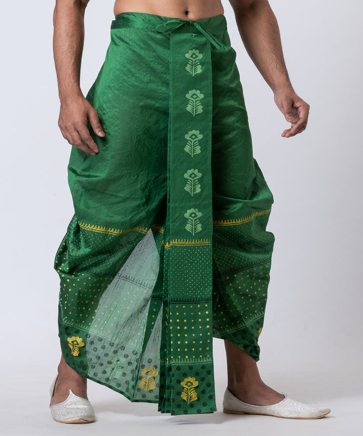 Dark green hand block printed dupion silk dhoti