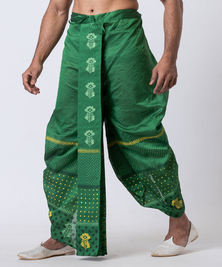 Dark green hand block printed dupion silk dhoti